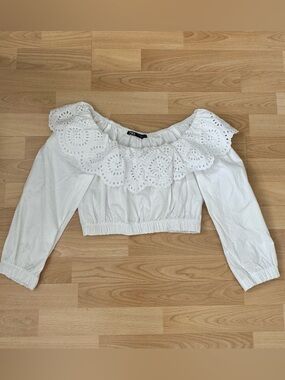 Zara White Eyelet Ruffled Off-Shoulder Crop Top
